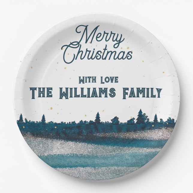 Christmas Tree with Snow Merry Christmas Paper Plate (Front)