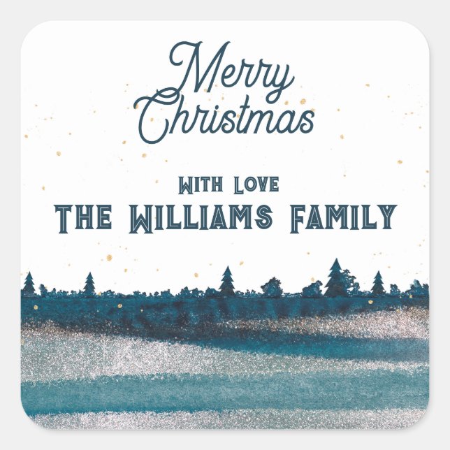 Christmas Tree with Snow Merry Christmas Square Sticker (Front)