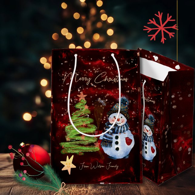 Christmas Tree with Snowman Red Gift Bag (Christmas Tree with Snowman Red Gift Bag side and front view)
