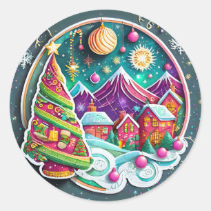 Christmas Tree with Village Classic Round Sticker