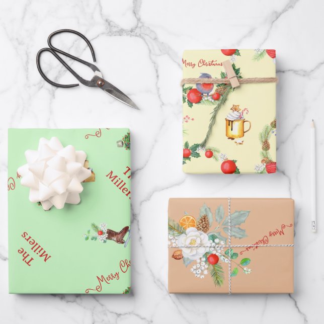 Christmas Tree Wreath Toys Family Named Gifts Wrapping Paper Sheet (Front)