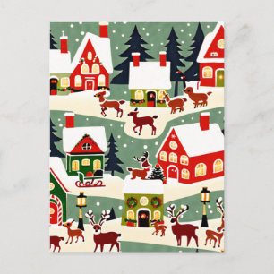 Christmas tree Xmas village snowing pic Holiday Postcard