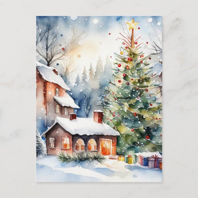 Christmas tree Xmas village snowing pic Holiday Postcard (Front)