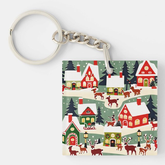 Christmas tree Xmas village snowing pic Key Ring (Front)