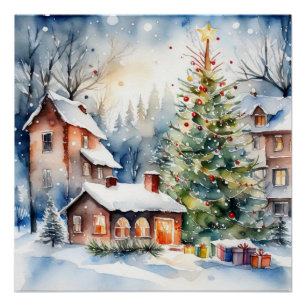 Christmas tree Xmas village snowing pic Poster