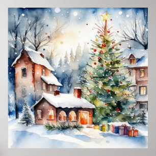 Christmas tree Xmas village snowing pic Poster