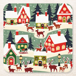 Christmas tree Xmas village snowing pic Square Paper Coaster
