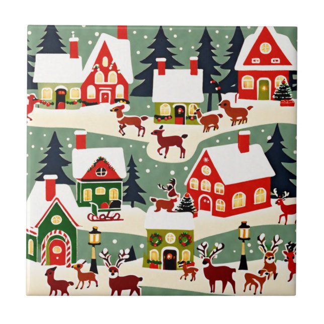 Christmas tree Xmas village snowing pic Tile (Front)