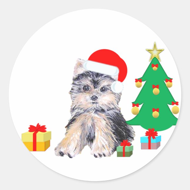 Christmas tree, Yorkshire puppy dog & gifts Classic Round Sticker (Front)