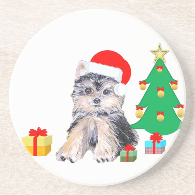 Christmas tree, Yorkshire puppy dog & gifts Coaster (Front)