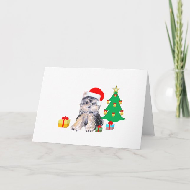 Christmas tree, Yorkshire puppy dog & gifts Holiday Card (Front)