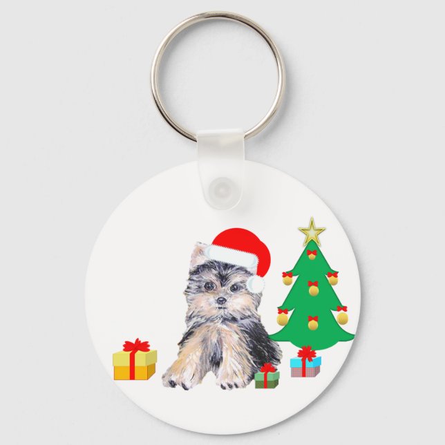 Christmas tree, Yorkshire puppy dog & gifts Key Ring (Front)