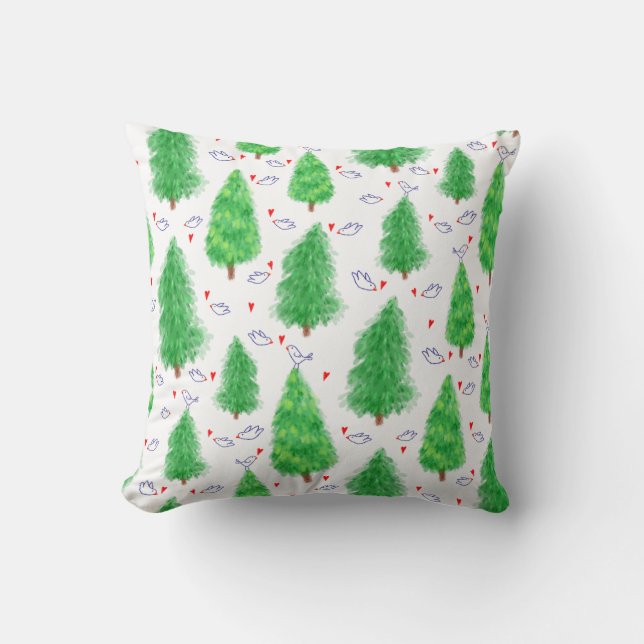 Christmas Trees and Birds Throw Pillow (Front)