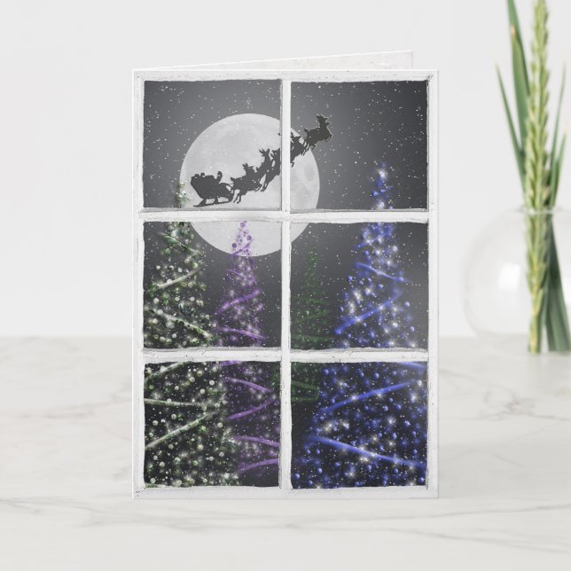 Christmas trees  and moon with Santa in window Card (Front)