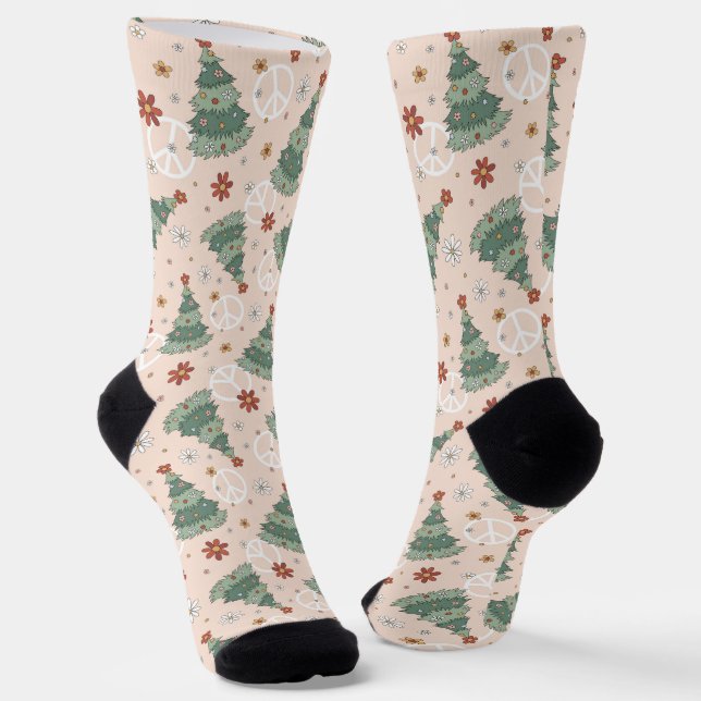 Christmas Trees and Peace Signs Pattern Socks (Angled)