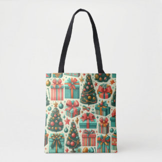 Christmas trees and presents art pattern tote bag
