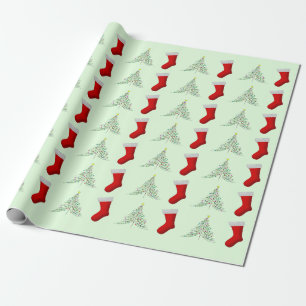 Christmas Trees and Red Christmas Stockings Wrapping Paper
