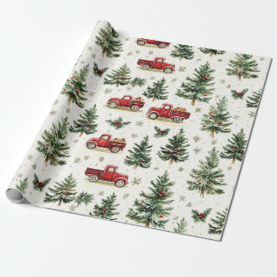 Christmas Trees and Red Trucks Wrapping Paper