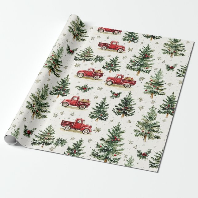 Christmas Trees and Red Trucks Wrapping Paper (Unrolled)