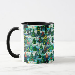 Christmas trees and snow hares mug