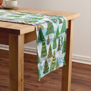Christmas trees and snow hares short table runner