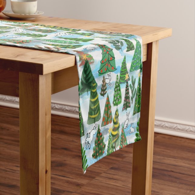 Christmas trees and snow hares  short table runner (In Situ)