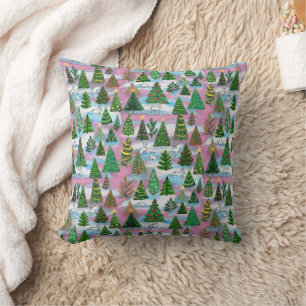 Christmas trees and snow hares throw pillow