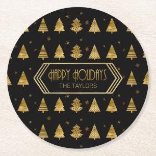 Christmas Trees and Snowflake Pattern Gold ID863 Round Paper Coaster