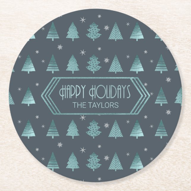 Christmas Trees and Snowflake Pattern Teal ID863 Round Paper Coaster (Front)