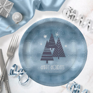Christmas Trees and Snowflakes Blue ID863 Paper Plate