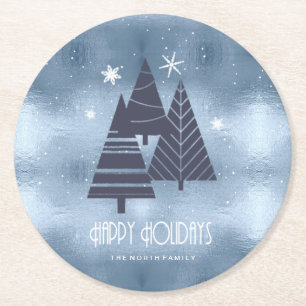 Christmas Trees and Snowflakes Blue ID863 Round Paper Coaster