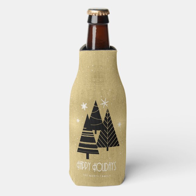 Christmas Trees and Snowflakes Gold ID863  Bottle Cooler (Bottle Front)