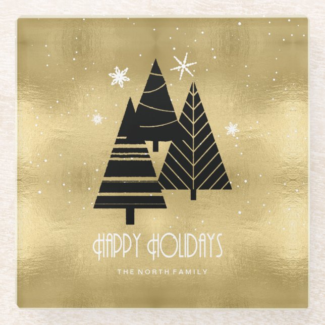 Christmas Trees and Snowflakes Gold ID863 Glass Coaster (Front)