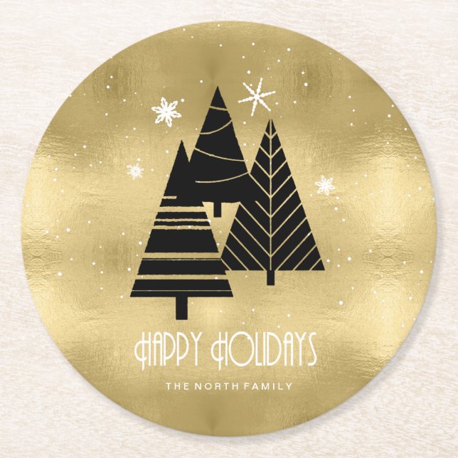 Christmas Trees and Snowflakes Gold ID863 Round Paper Coaster (Front)