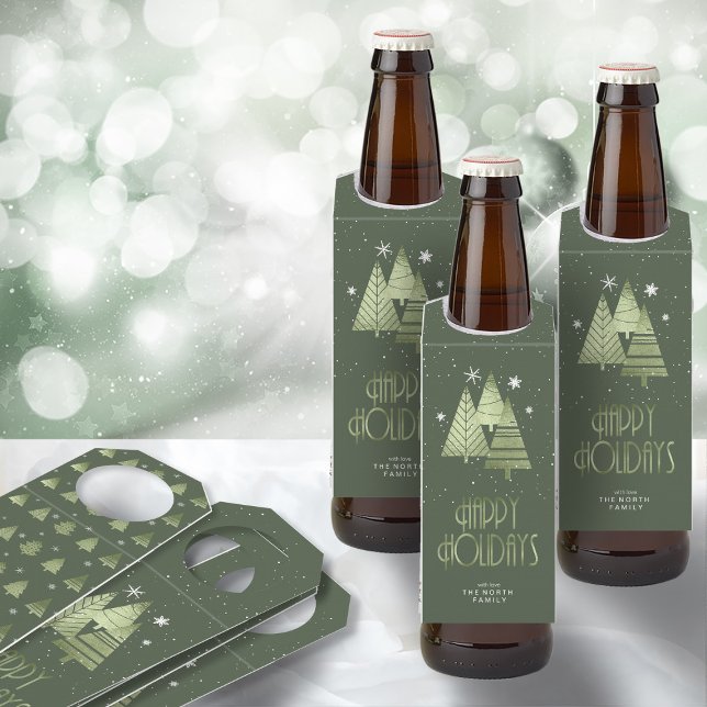 Christmas Trees and Snowflakes Green ID863 Bottle Tag (Front/Back In Situ)