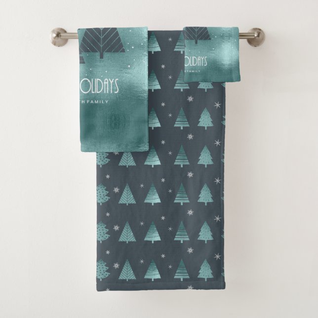 Christmas Trees and Snowflakes Pattern Teal ID863 Bath Towel Set (Insitu)