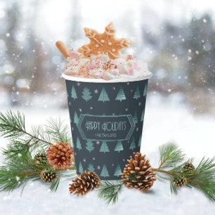 Christmas Trees and Snowflakes Pattern Teal ID863 Paper Cups