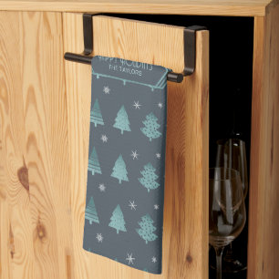 Christmas Trees and Snowflakes Pattern Teal ID863 Tea Towel