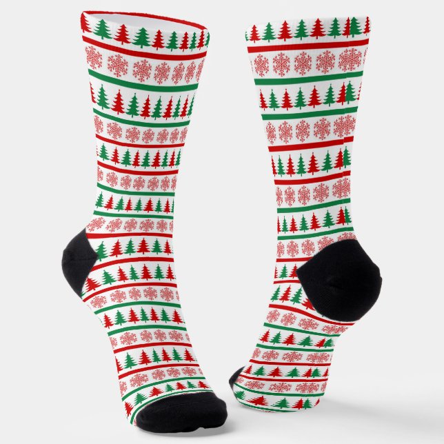 Christmas Trees and Snowflakes Print Socks (Angled)