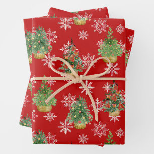 Christmas Trees and Snowflakes Red  Wrapping Paper Sheet