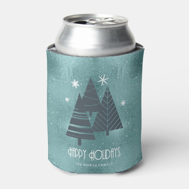 Christmas Trees and Snowflakes Teal ID863 Can Cooler (Can Front)
