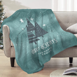 Christmas Trees and Snowflakes Teal ID863 Fleece Blanket