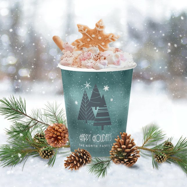 Christmas Trees and Snowflakes Teal ID863 Paper Cups (Creator Uploaded)