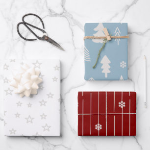 Christmas trees and stars in red and white blue wrapping paper sheet