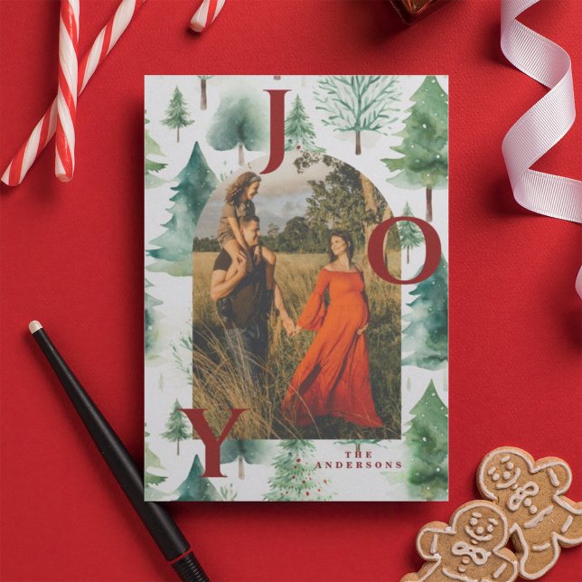 Christmas Trees Arch Photo Red Joy  Holiday Card (Creator Uploaded)