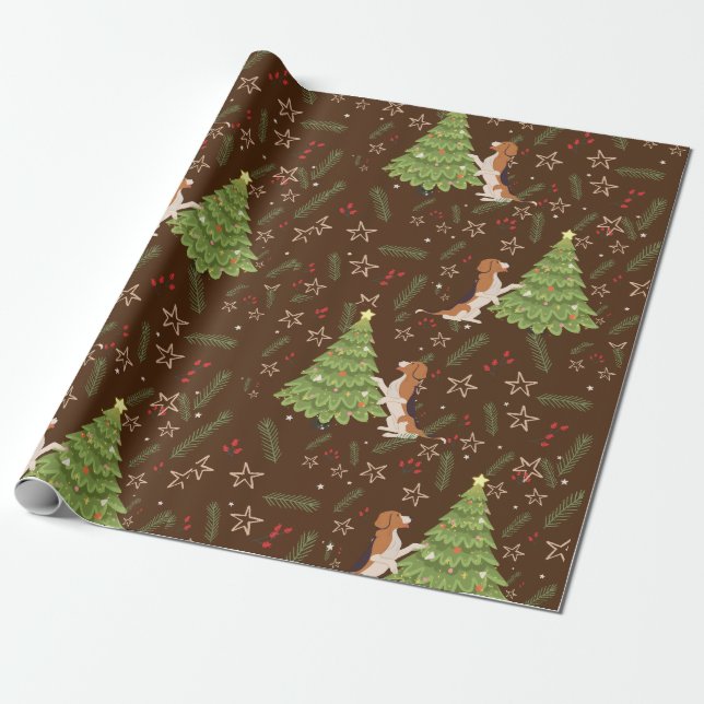 Christmas trees & Beagle Dog  pattern custom Wrapping Paper (Unrolled)