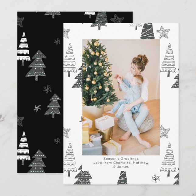 Christmas Trees Black White Pattern Personalised Holiday Card (Front/Back)