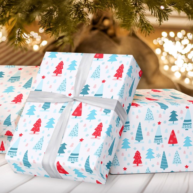 Christmas trees blue red pink wrapping paper (Christmas trees blue red pink wrapping paper)