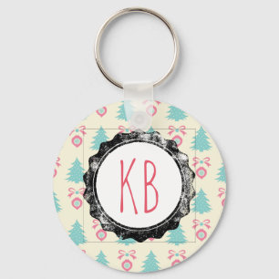 Christmas Trees, Bows & Baubles Pattern Monogram Key Ring