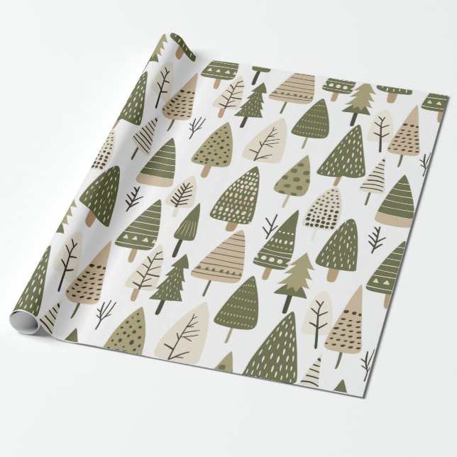 Christmas Trees brown and green Wrapping Paper (Unrolled)